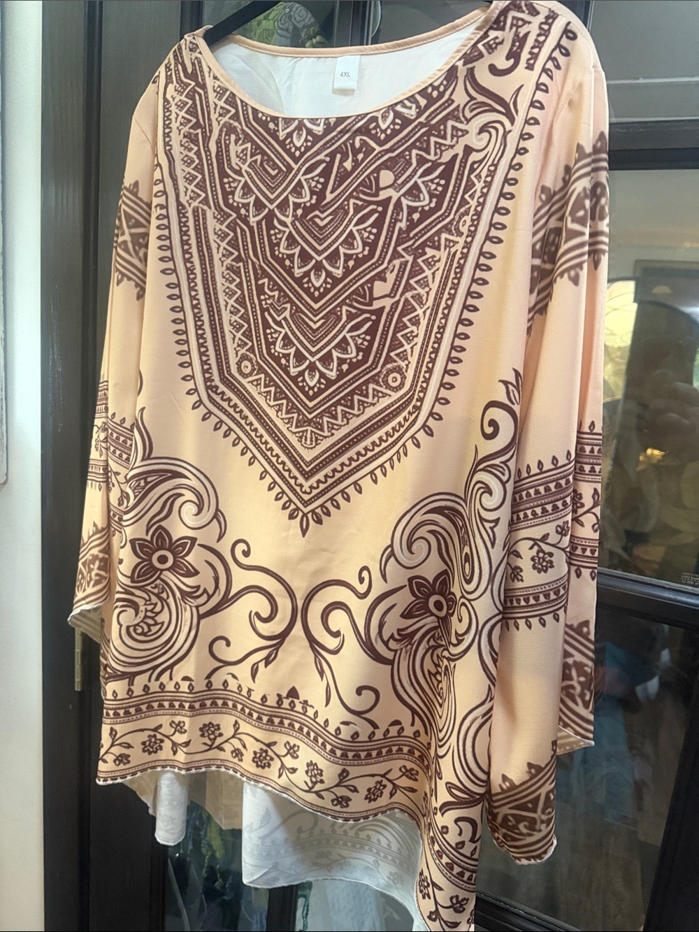 Peach and Brown Printed Long-Sleeve Tunic Top